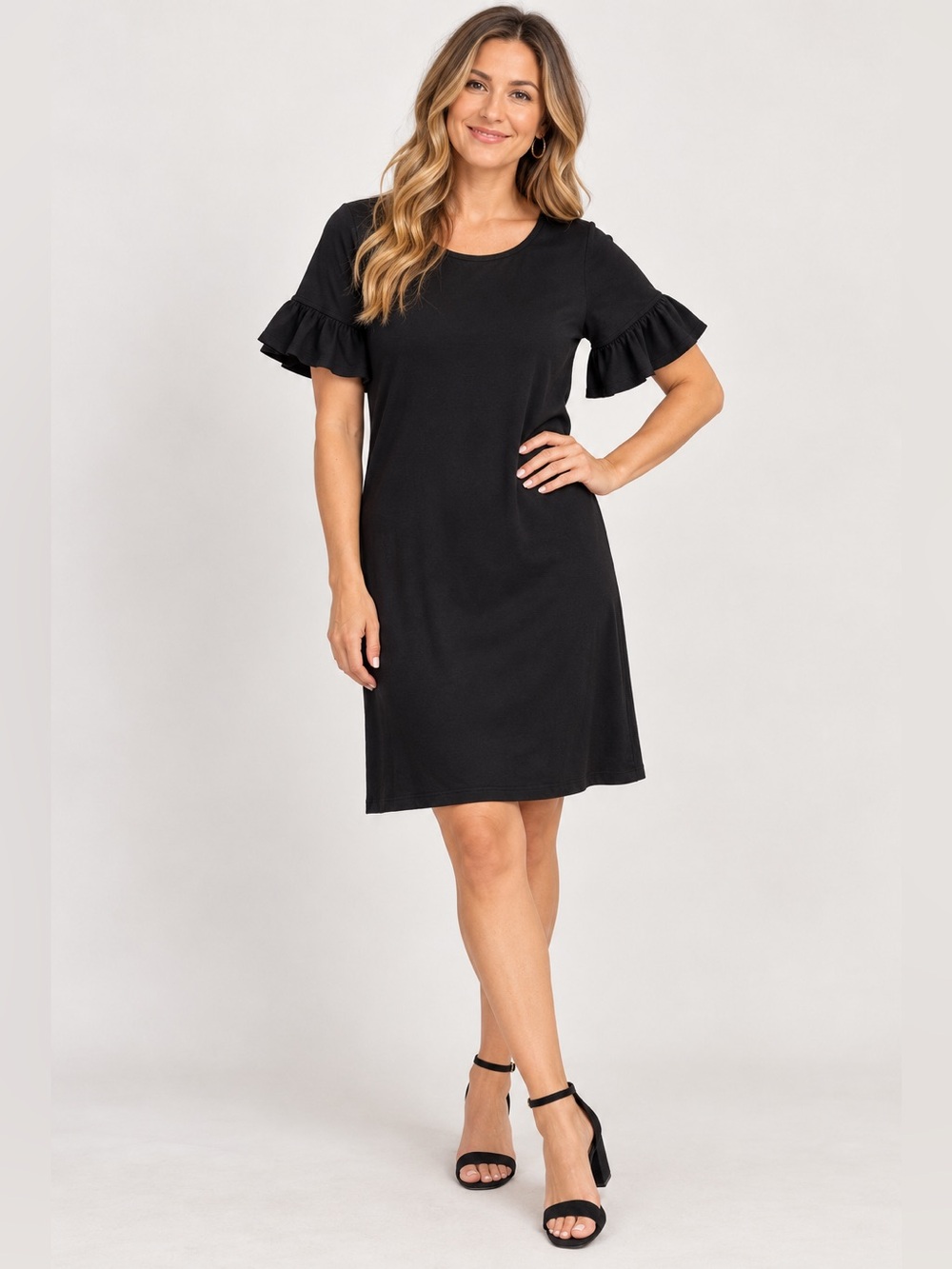 J.Crew Black Cotton Shift Dress XS Ruffle Bell Sleeve Mini Casual 100% Cotton